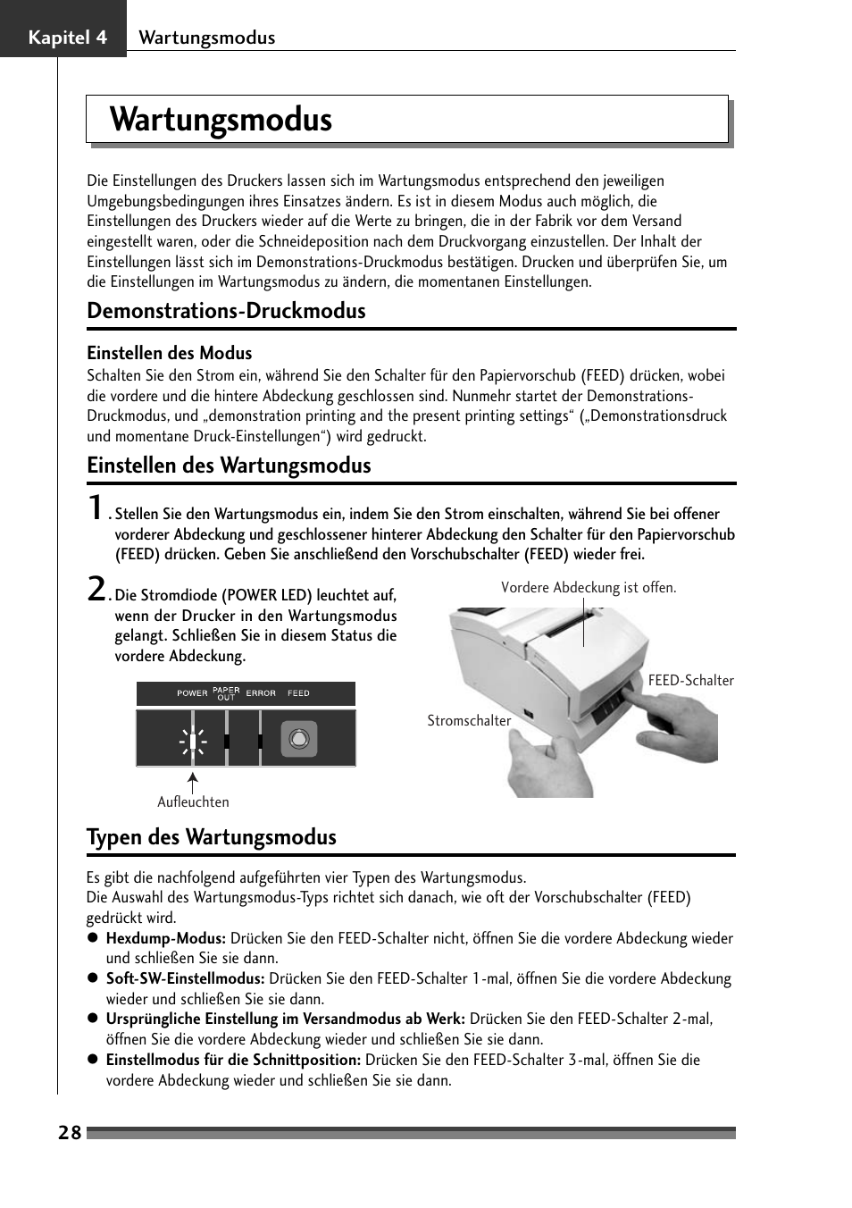 Kapitel 4, Wartungsmodus, Demonstrations-druckmodus | Einstellen des wartungsmodus, Typen des wartungsmodus | Citizen Systems Citizen CD-S500 User Manual | Page 122 / 220