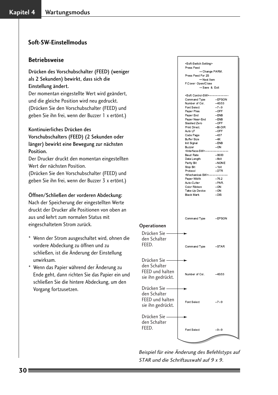 Betriebsweise, 30 kapitel 4 wartungsmodus, Soft-sw-einstellmodus betriebsweise | Citizen Systems Citizen CD-S500 User Manual | Page 124 / 220