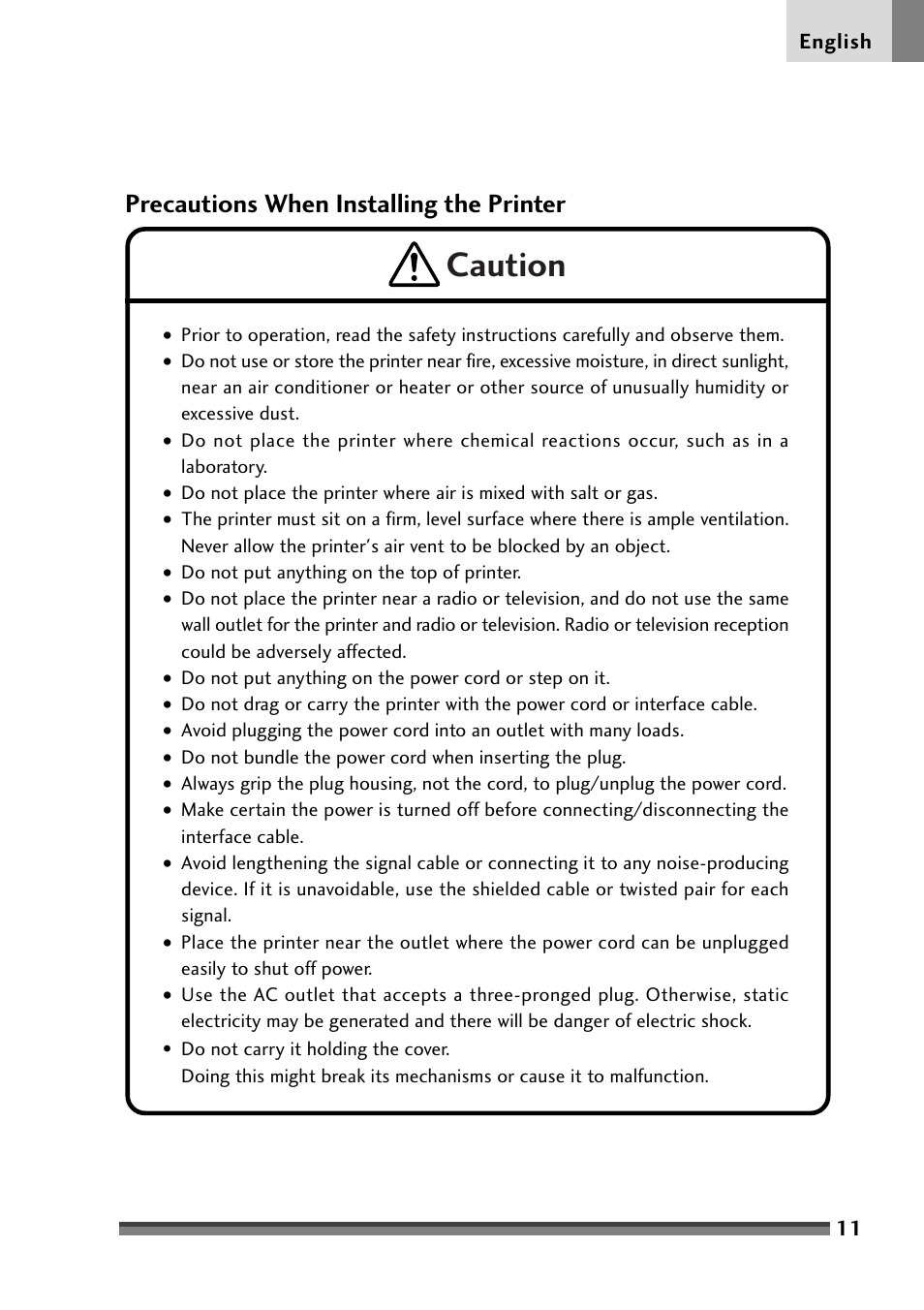 Precautions when installing the printer, Caution | Citizen Systems Citizen CD-S500 User Manual | Page 13 / 220