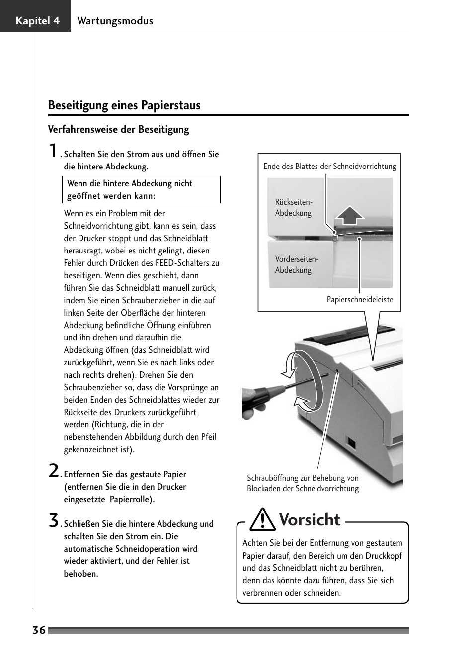 Beseitigung eines papierstaus, Vorsicht | Citizen Systems Citizen CD-S500 User Manual | Page 130 / 220