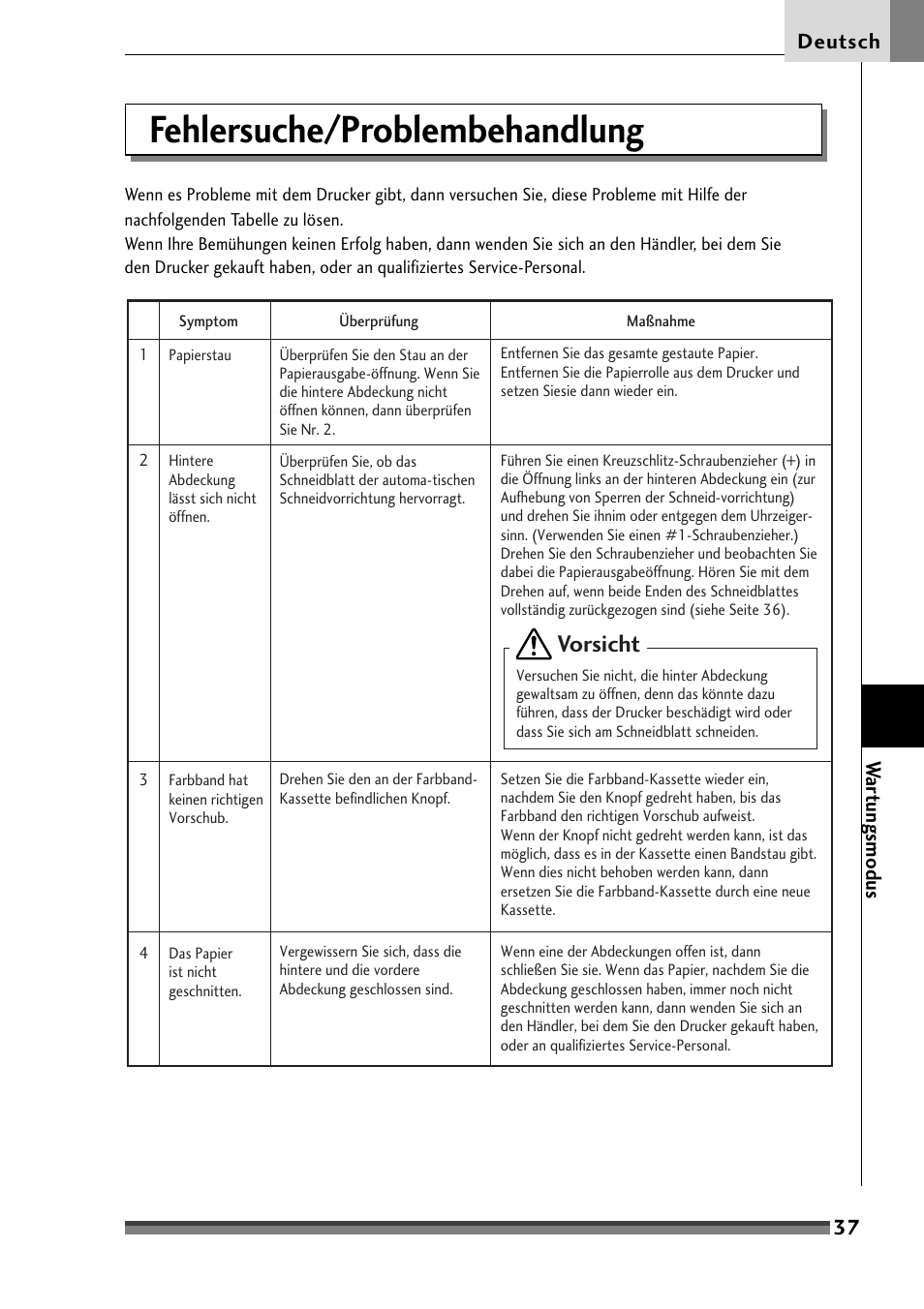 Fehlersuche/problembehandlung, Vorsicht | Citizen Systems Citizen CD-S500 User Manual | Page 131 / 220