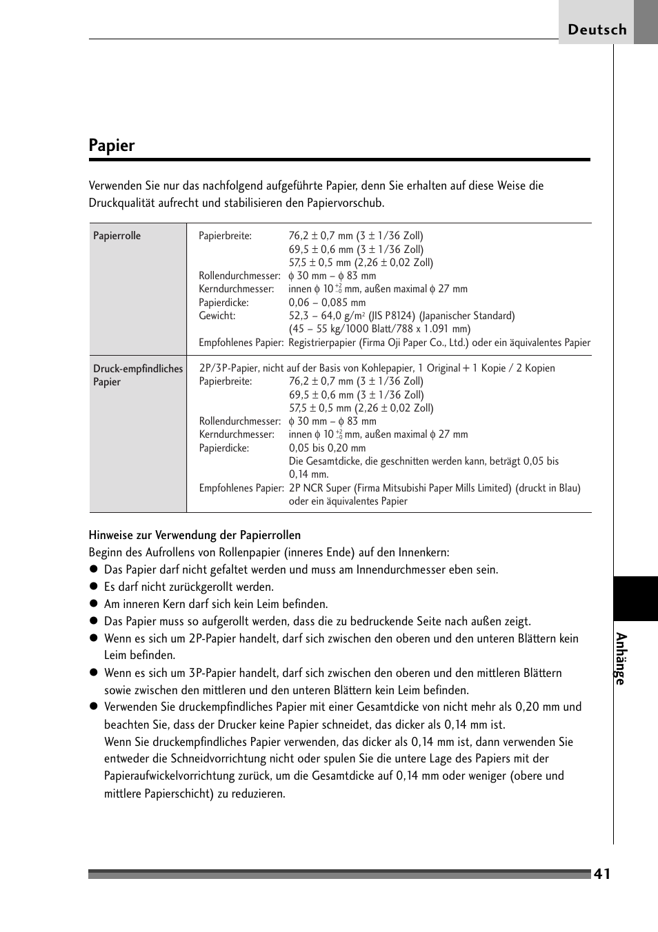 Papier, 41 deutsch, Anhänge | Citizen Systems Citizen CD-S500 User Manual | Page 135 / 220