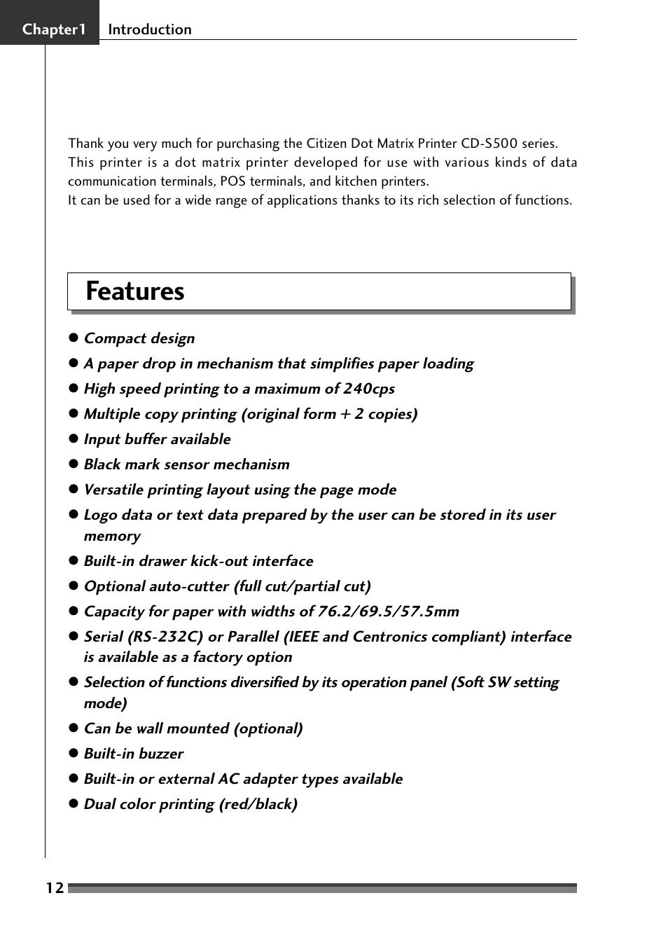 Chapter 1, Features, Chapter1 introduction | Citizen Systems Citizen CD-S500 User Manual | Page 14 / 220