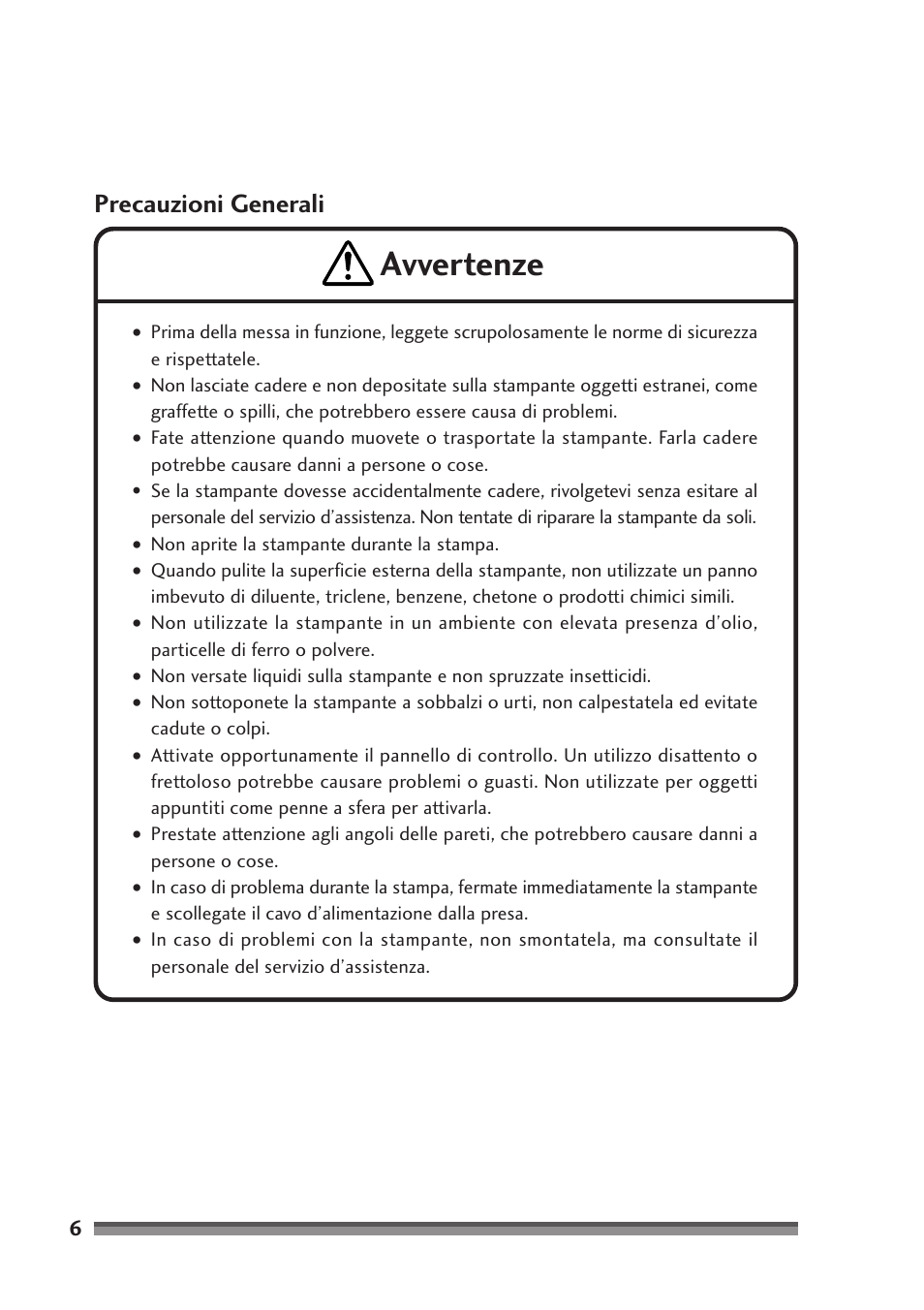 Precauzioni generali, Avvertenze | Citizen Systems Citizen CD-S500 User Manual | Page 142 / 220