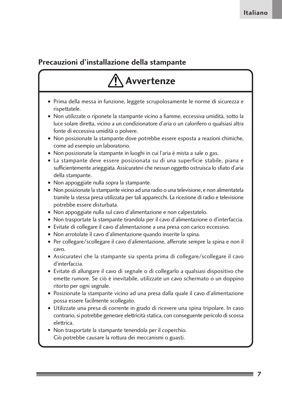 Precauzioni d ’installazione della stampante, Avvertenze, Precauzioni d’installazione della stampante | Citizen Systems Citizen CD-S500 User Manual | Page 143 / 220