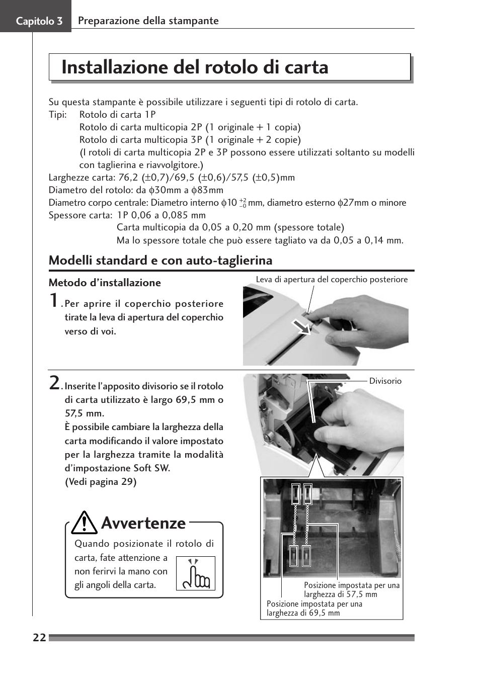 Installazione del rotolo di carta, Modelli standard e con auto-taglierina, Avvertenze | Citizen Systems Citizen CD-S500 User Manual | Page 158 / 220