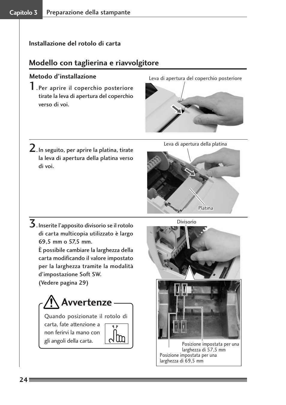 Modello con taglierina e riavvolgitore, Avvertenze | Citizen Systems Citizen CD-S500 User Manual | Page 160 / 220