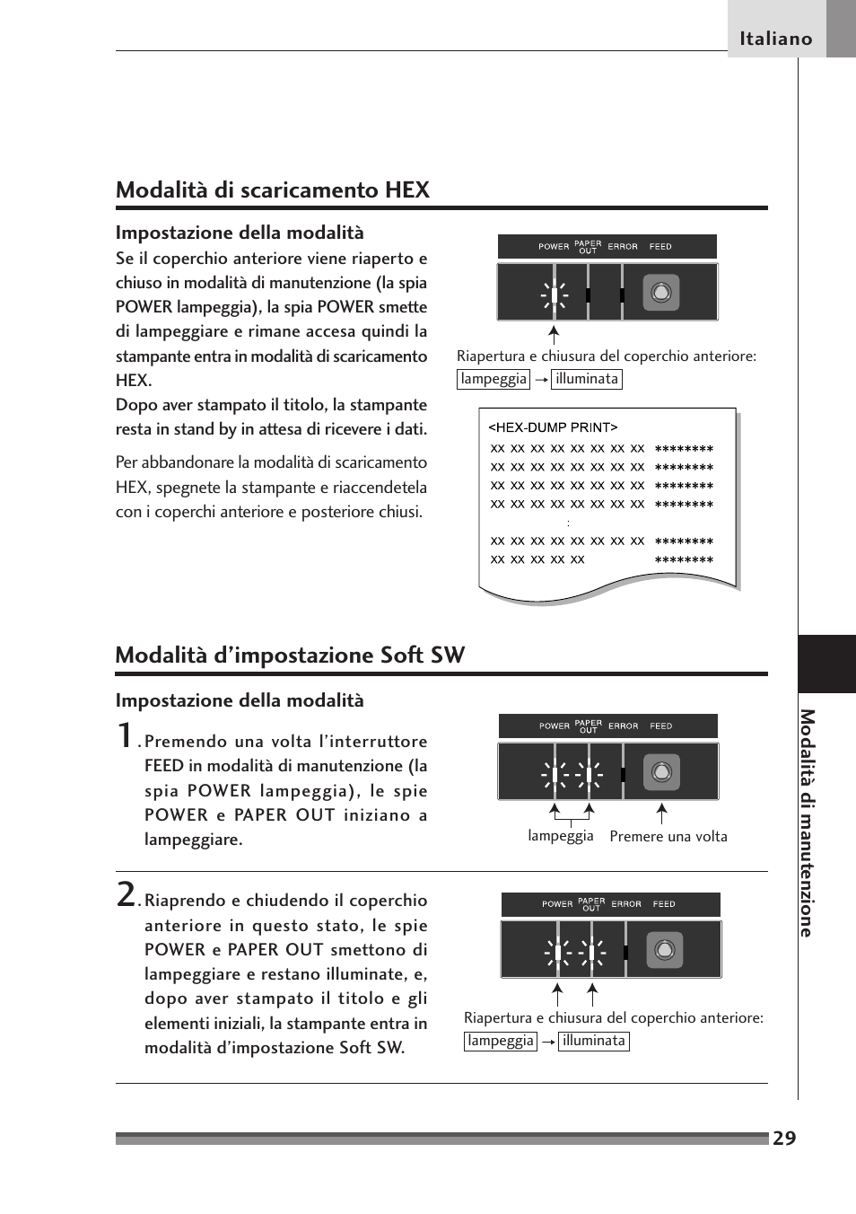 Modalità di scaricamento hex, Modalità d ’impostazione soft sw, Impostazione della modalità | Capitolo 4 modalità di manutenzione, Modalità d’impostazione soft sw | Citizen Systems Citizen CD-S500 User Manual | Page 165 / 220