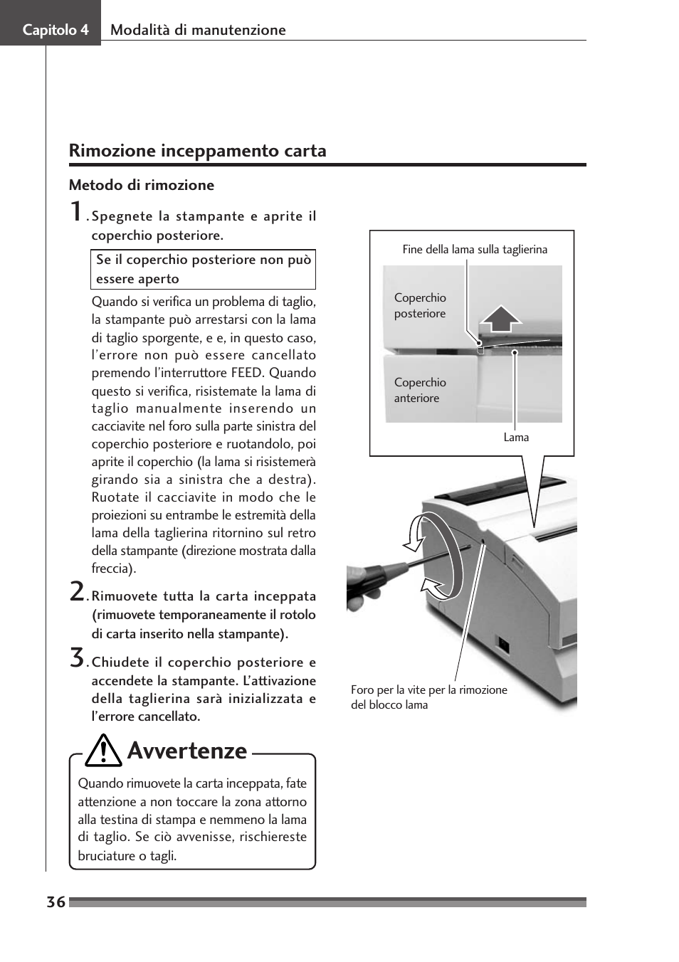 Rimozione inceppamento carta, Avvertenze | Citizen Systems Citizen CD-S500 User Manual | Page 172 / 220