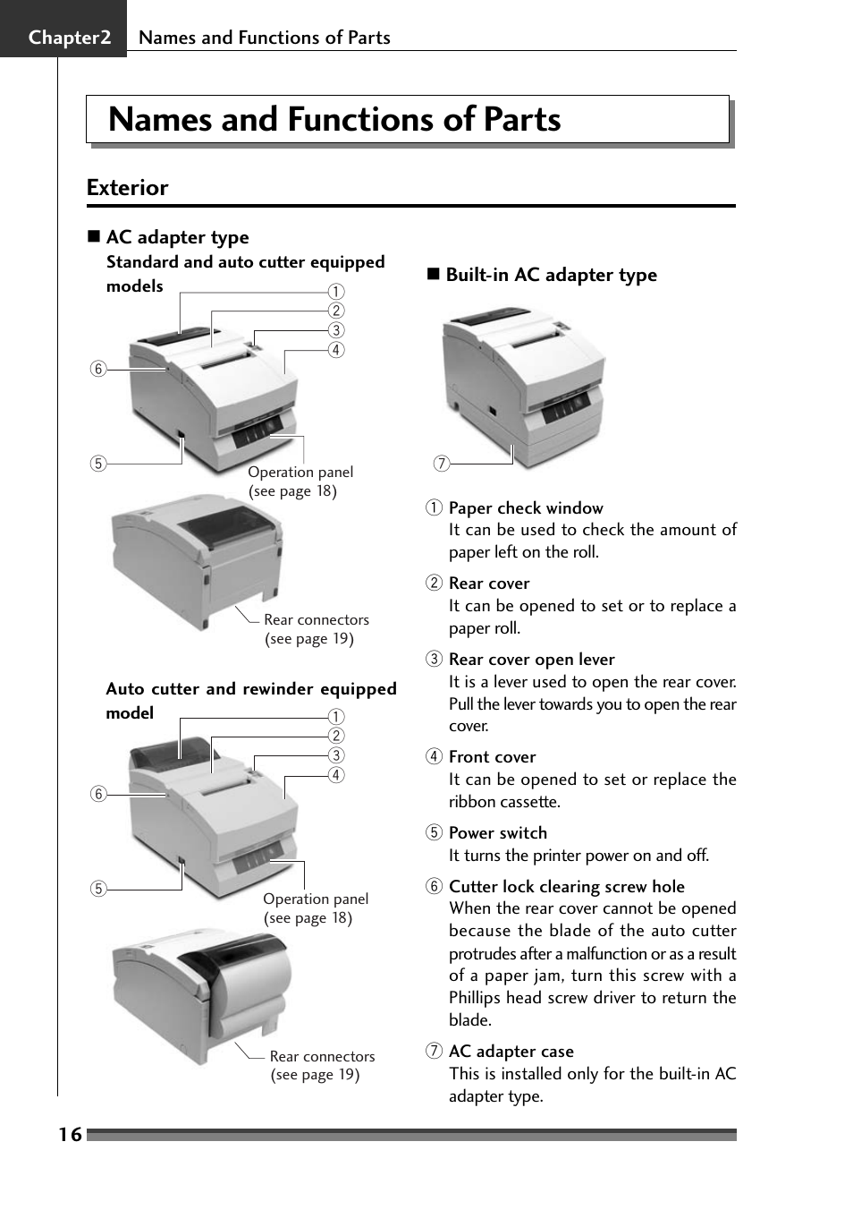 Chapter 2, Names and functions of parts, Exterior | Chapter2 names and functions of parts | Citizen Systems Citizen CD-S500 User Manual | Page 18 / 220