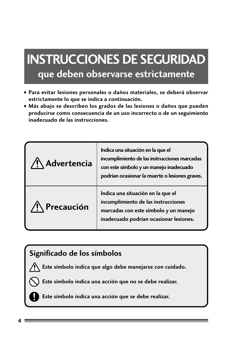 Instrucciones de seguridad, Que deben observarse estrictamente, Precaución advertencia | Significado de los símbolos | Citizen Systems Citizen CD-S500 User Manual | Page 182 / 220