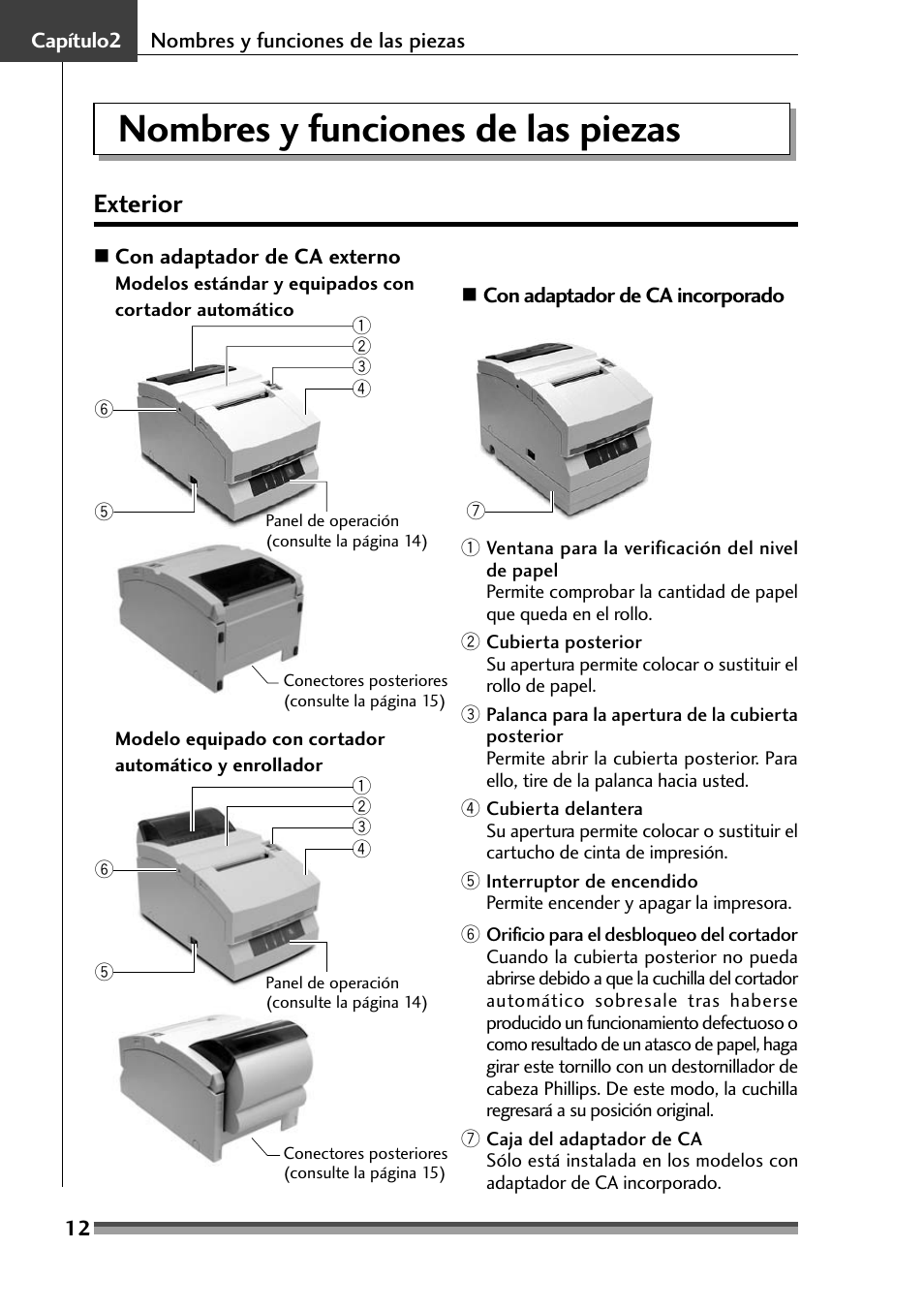 Capítulo2, Nombres y funciones de las piezas, Exterior | Capítulo2 nombres y funciones de las piezas | Citizen Systems Citizen CD-S500 User Manual | Page 190 / 220