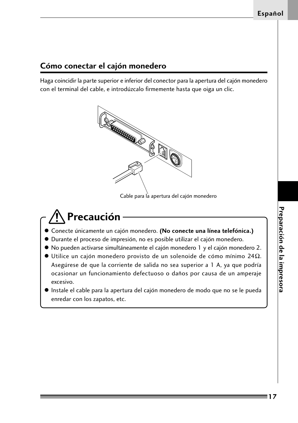 Cómo conectar el cajón monedero, Precaución | Citizen Systems Citizen CD-S500 User Manual | Page 195 / 220