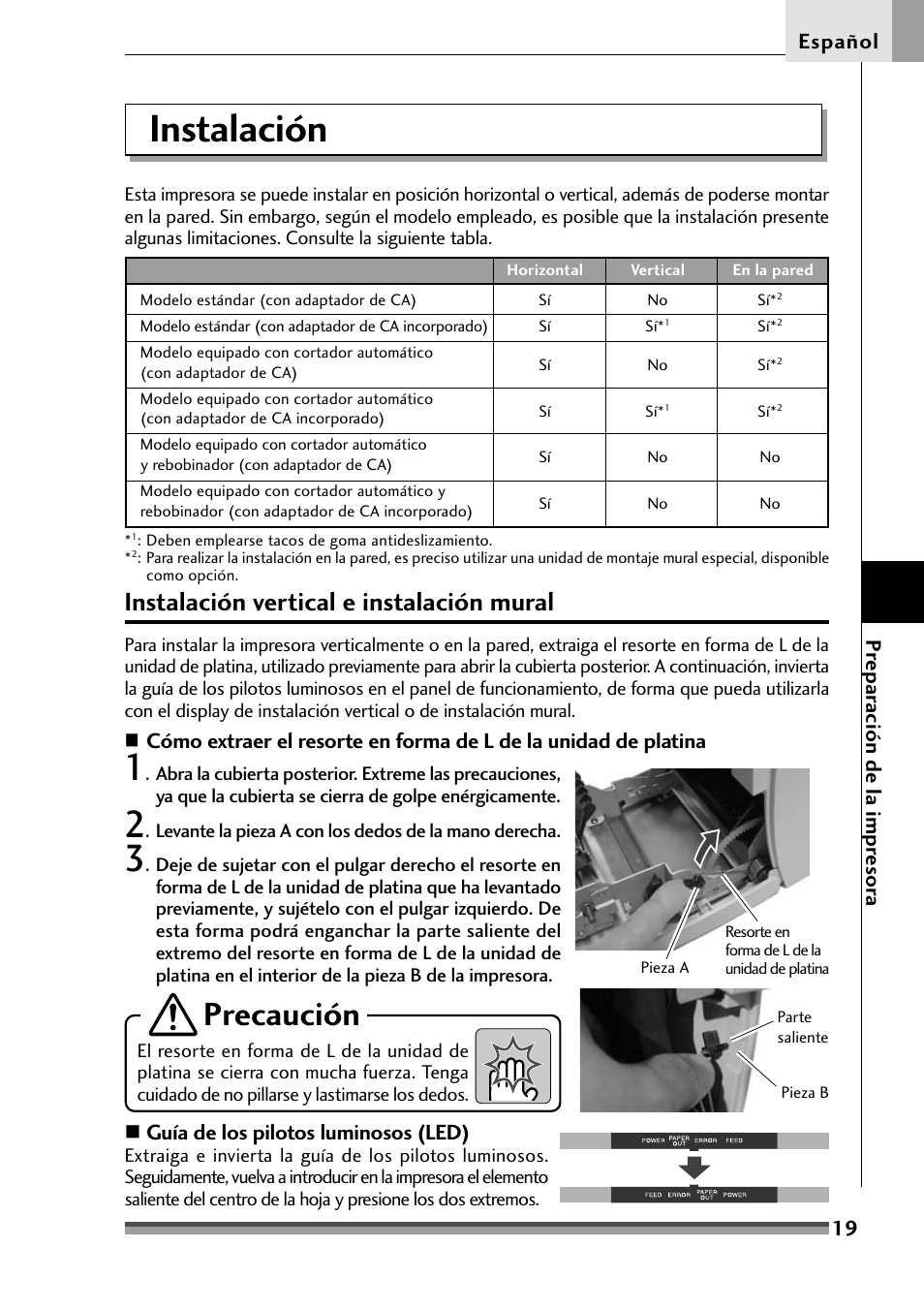 Instalación, Instalación vertical e instalación mural, Precaución | Citizen Systems Citizen CD-S500 User Manual | Page 197 / 220