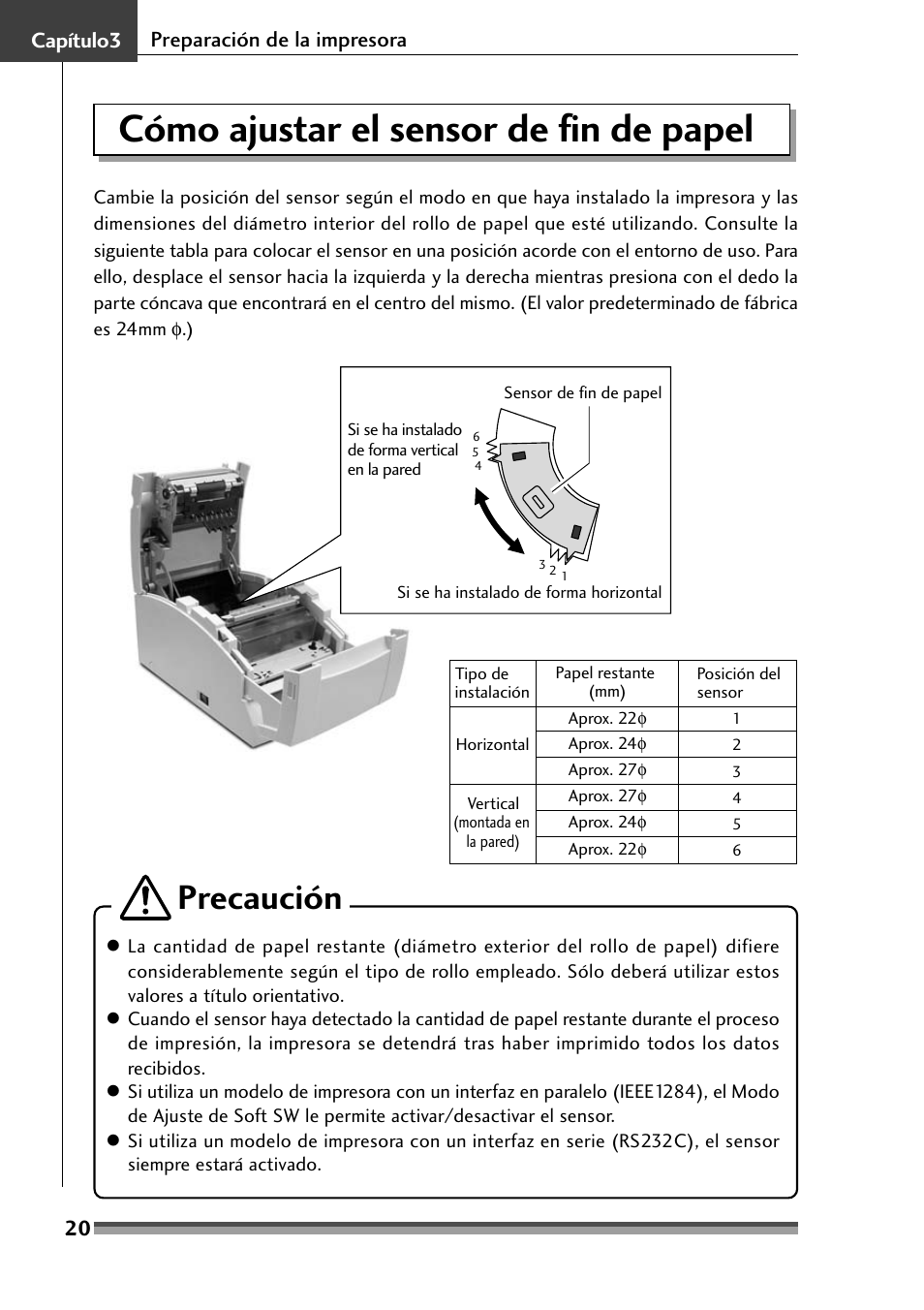 Cómo ajustar el sensor de fin de papel, Precaución, 20 capítulo3 preparación de la impresora | Citizen Systems Citizen CD-S500 User Manual | Page 198 / 220