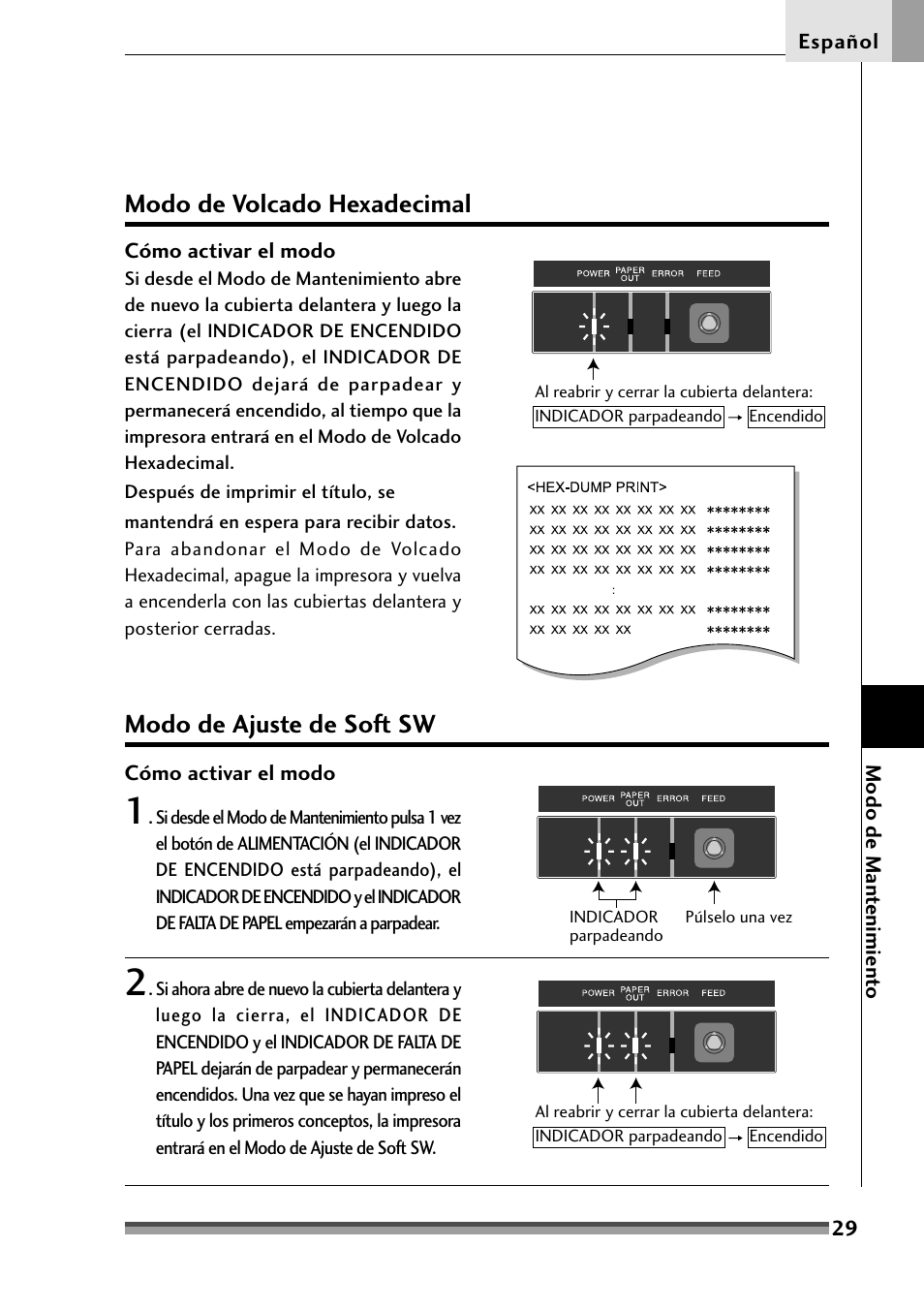 Modo de volcado hexadecimal, Modo de ajuste de soft sw, Cómo activar el modo | Capítulo4 modo de mantenimiento, Modo de vaciado hexagonal | Citizen Systems Citizen CD-S500 User Manual | Page 207 / 220