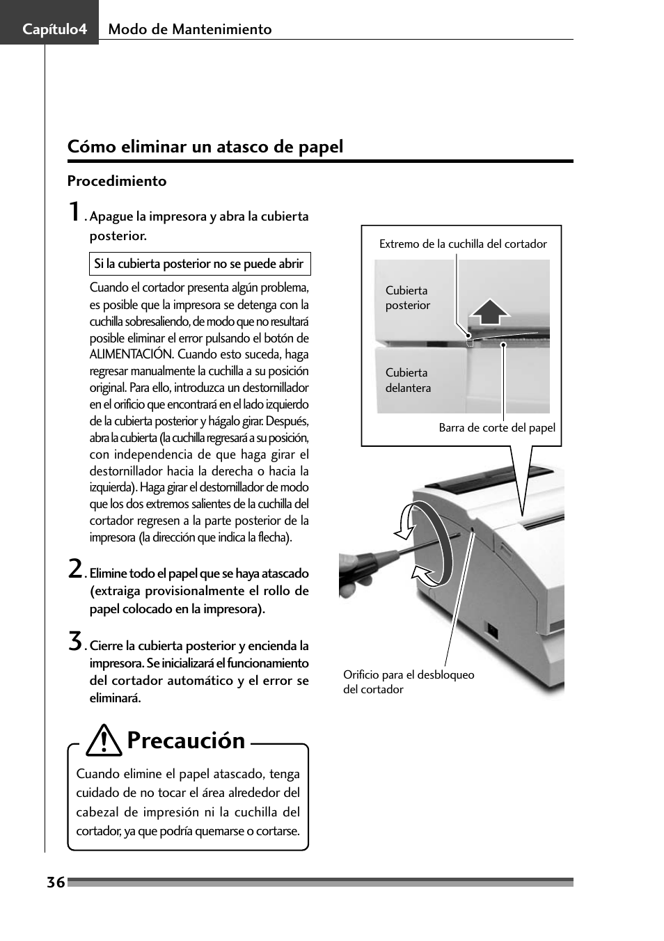 Cómo eliminar un atasco de papel, Precaución | Citizen Systems Citizen CD-S500 User Manual | Page 214 / 220