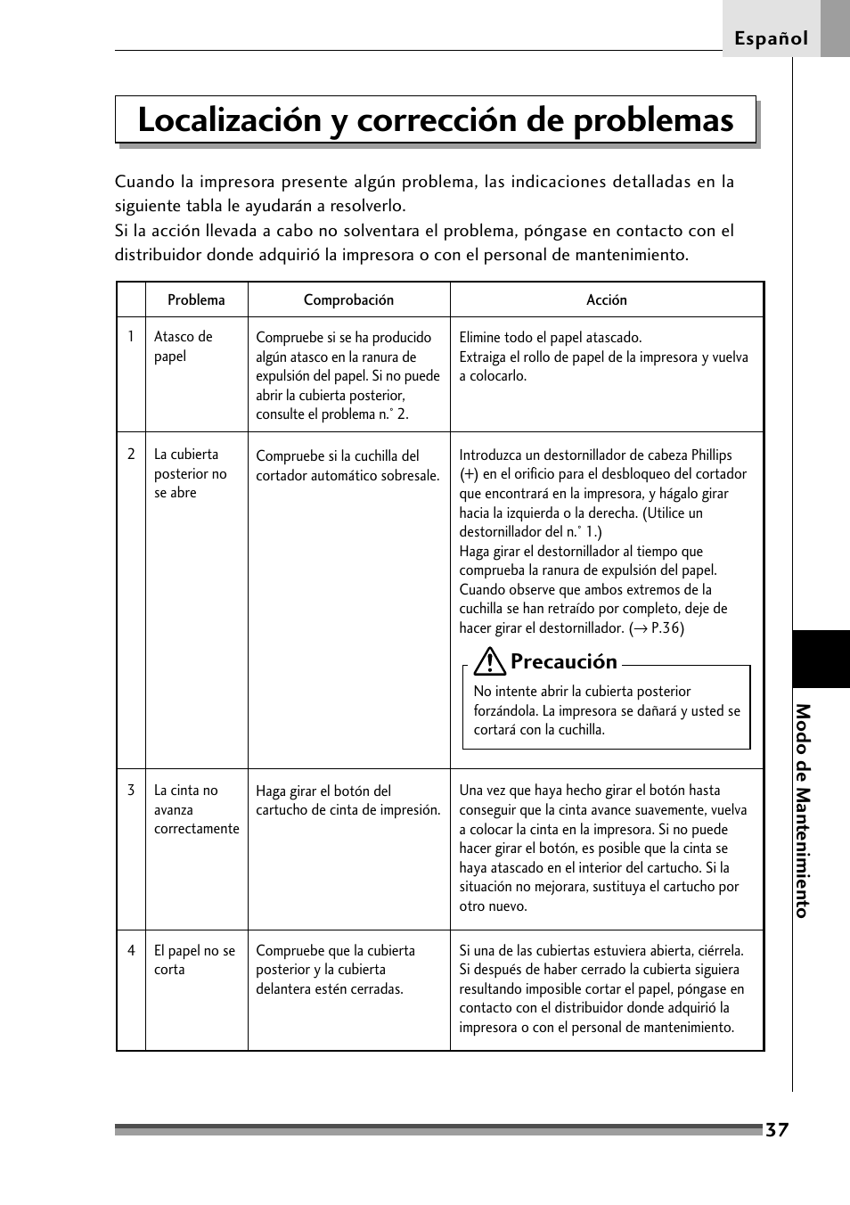 Localización y corrección de problemas, Precaución | Citizen Systems Citizen CD-S500 User Manual | Page 215 / 220