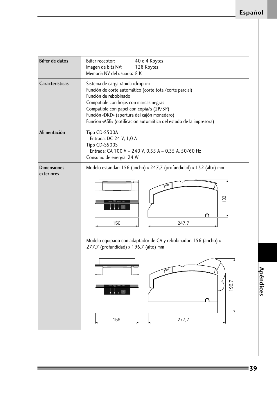 39 español, Apéndice s | Citizen Systems Citizen CD-S500 User Manual | Page 217 / 220