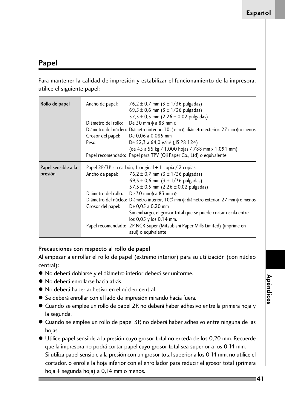 Papel, 41 español, Apéndice s | Citizen Systems Citizen CD-S500 User Manual | Page 219 / 220