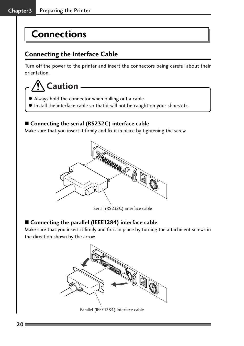 Chapter 3, Connections, Connecting the interface cable | Chapter3 preparing the printer, Caution | Citizen Systems Citizen CD-S500 User Manual | Page 22 / 220