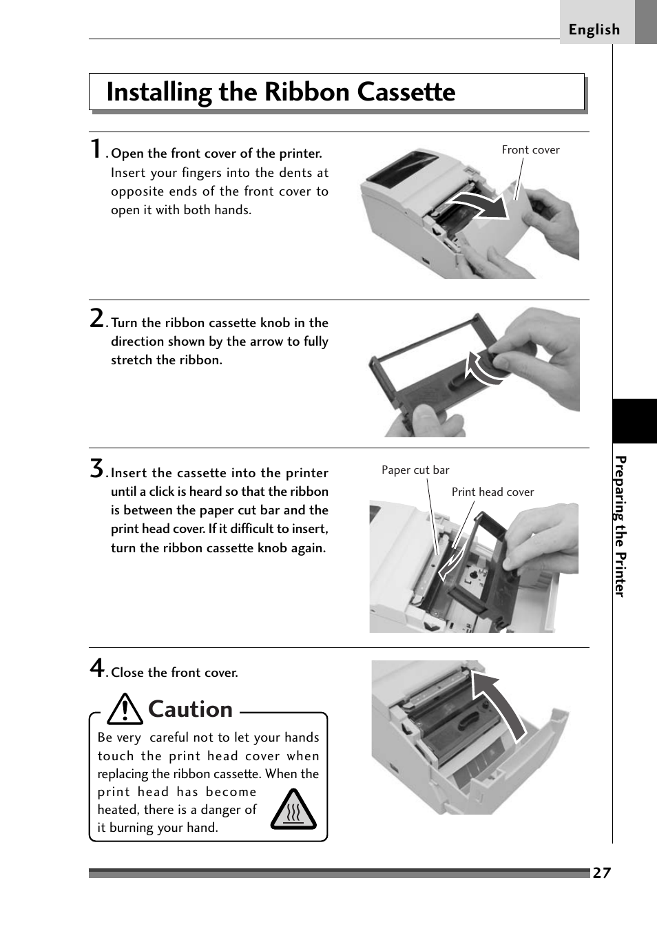 Installing the ribbon cassette, Installing the ribbon cassette 1, Caution | Citizen Systems Citizen CD-S500 User Manual | Page 29 / 220