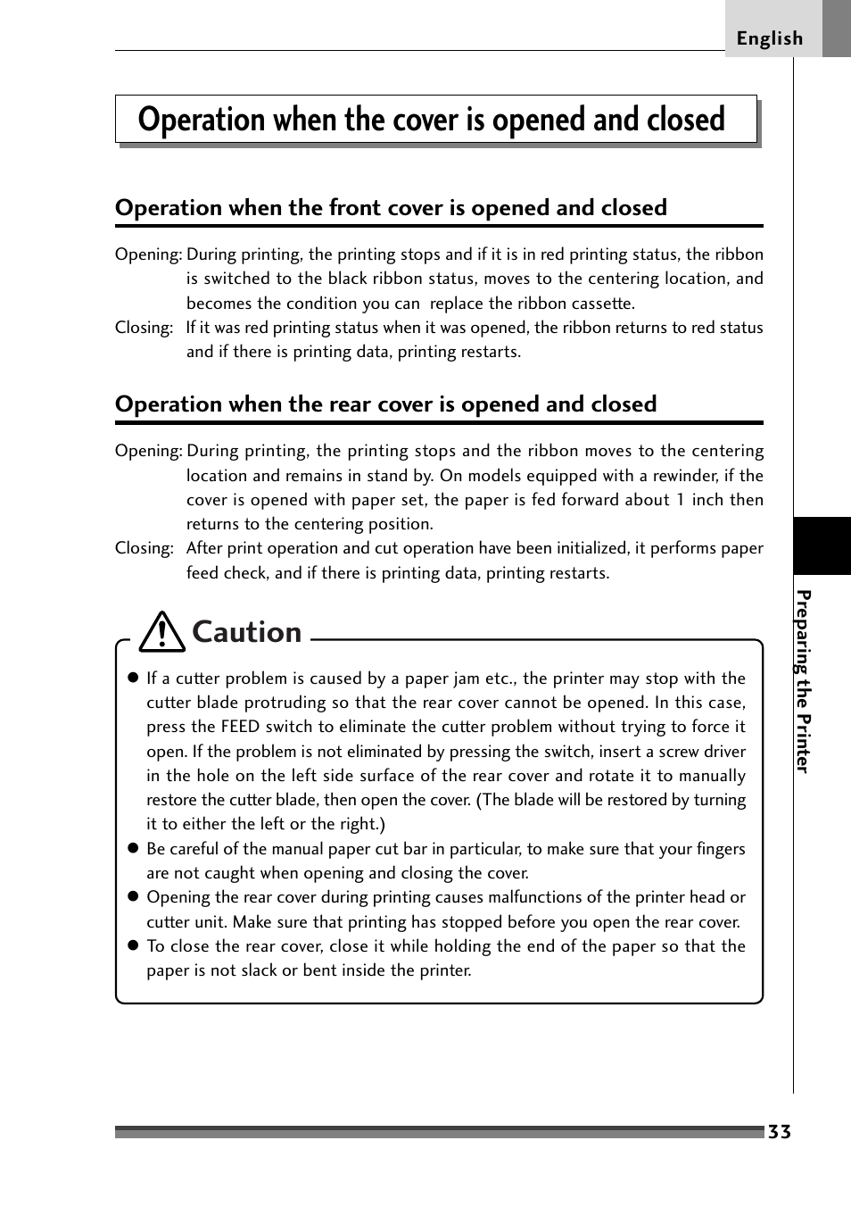 Operation when the cover is opened and closed, Operation when the rear cover is opened and closed, Caution | Citizen Systems Citizen CD-S500 User Manual | Page 35 / 220