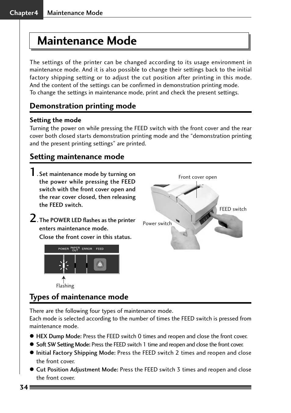 Chapter 4, Maintenance mode, Demonstration printing mode | Setting maintenance mode, Types of maintenance mode | Citizen Systems Citizen CD-S500 User Manual | Page 36 / 220