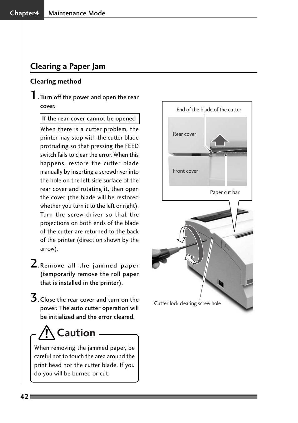 Clearing a paper jam, Caution | Citizen Systems Citizen CD-S500 User Manual | Page 44 / 220