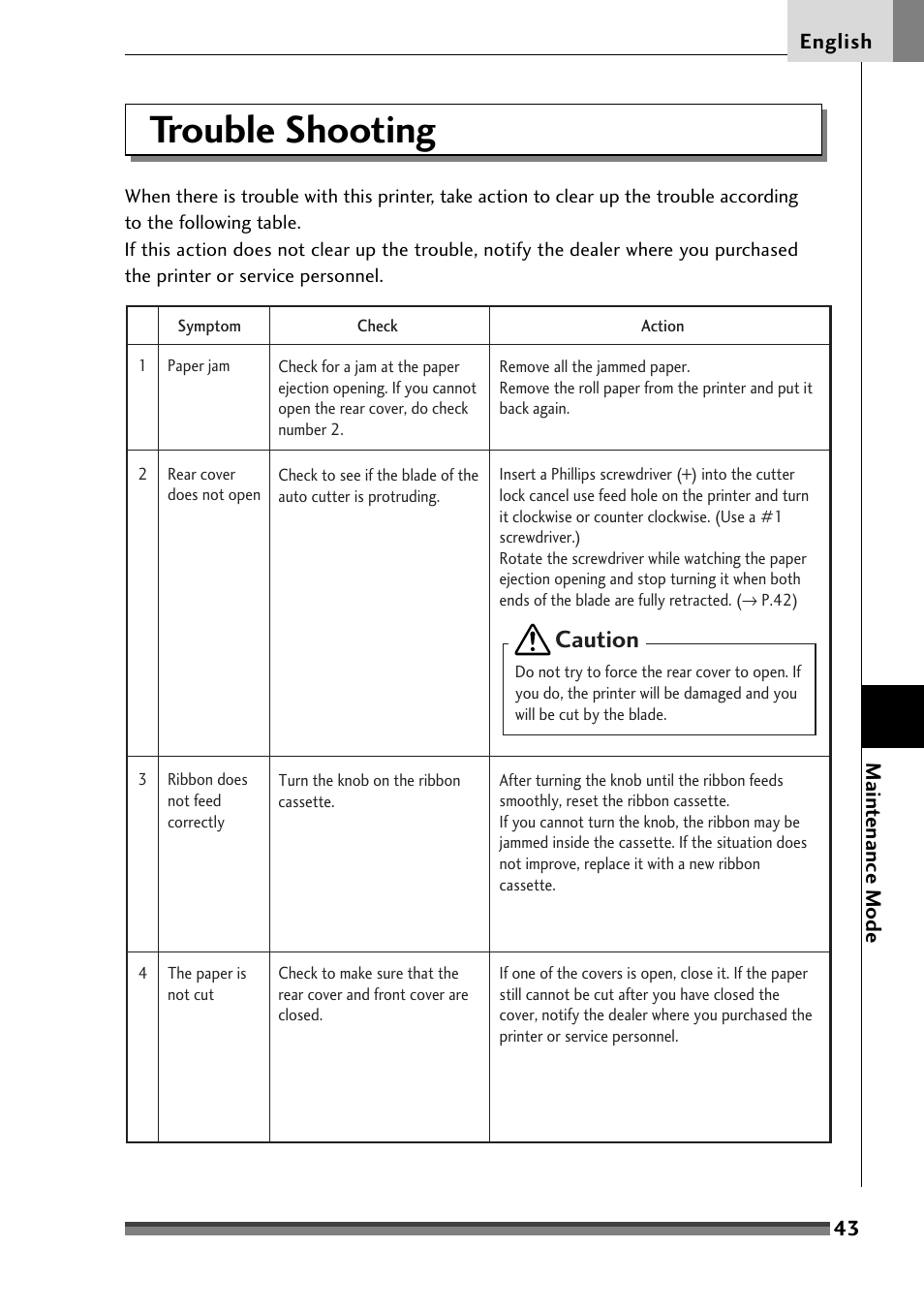 Trouble shooting, Caution | Citizen Systems Citizen CD-S500 User Manual | Page 45 / 220