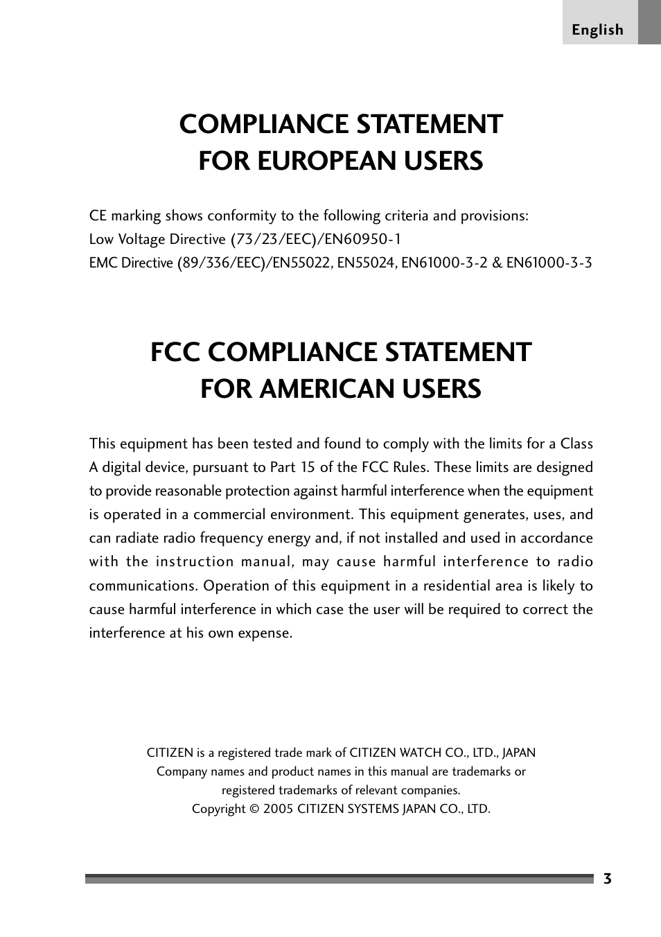 Compliance statement for european users, Fcc compliance statement for american users | Citizen Systems Citizen CD-S500 User Manual | Page 5 / 220