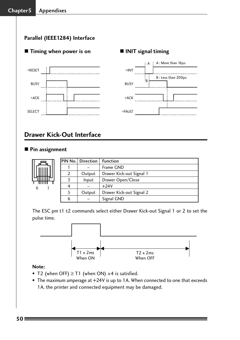 Drawer kick-out interface, Pin assignment, Parallel (ieee1284) interface | Citizen Systems Citizen CD-S500 User Manual | Page 52 / 220