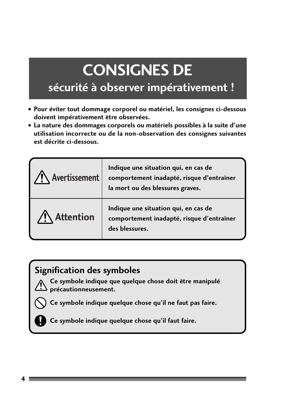 Consignes de sécurité à observer impérativement, Consignes de, Sécurité à observer impérativement | Attention avertissement, Signification des symboles | Citizen Systems Citizen CD-S500 User Manual | Page 56 / 220