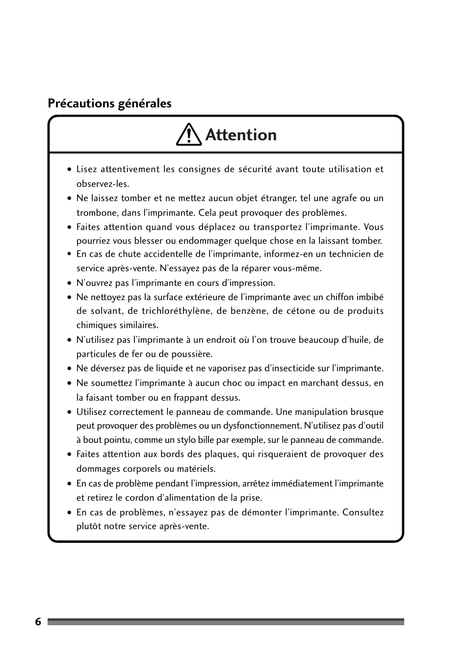 Précautions générales, Attention | Citizen Systems Citizen CD-S500 User Manual | Page 58 / 220