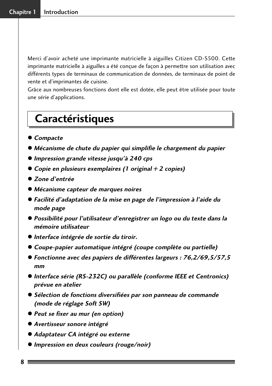 Chapitre 1, Caractéristiques, Chapitre1 introduction | Citizen Systems Citizen CD-S500 User Manual | Page 60 / 220