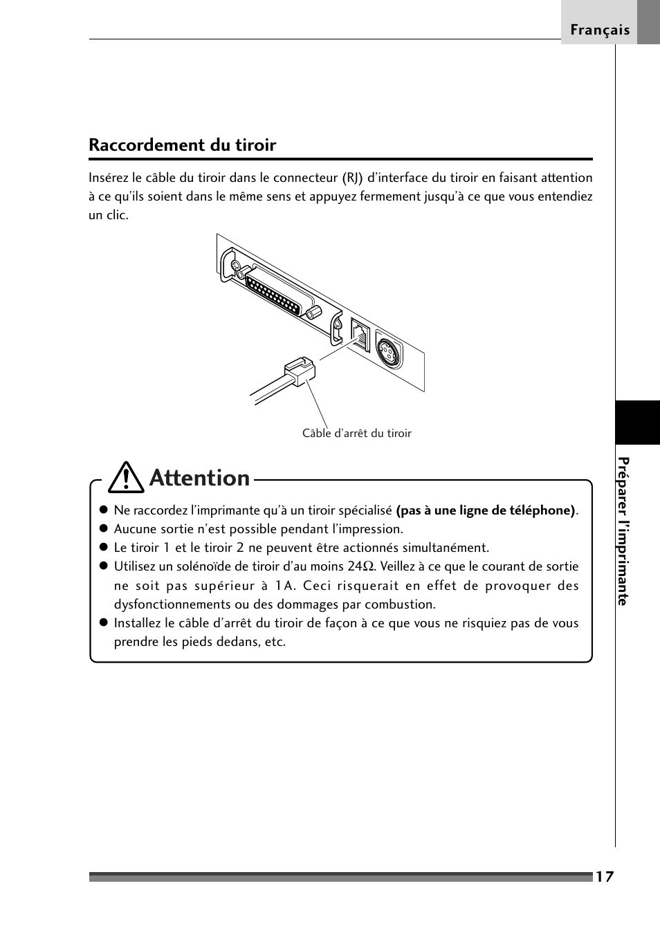 Raccordement du tiroir, Attention | Citizen Systems Citizen CD-S500 User Manual | Page 69 / 220