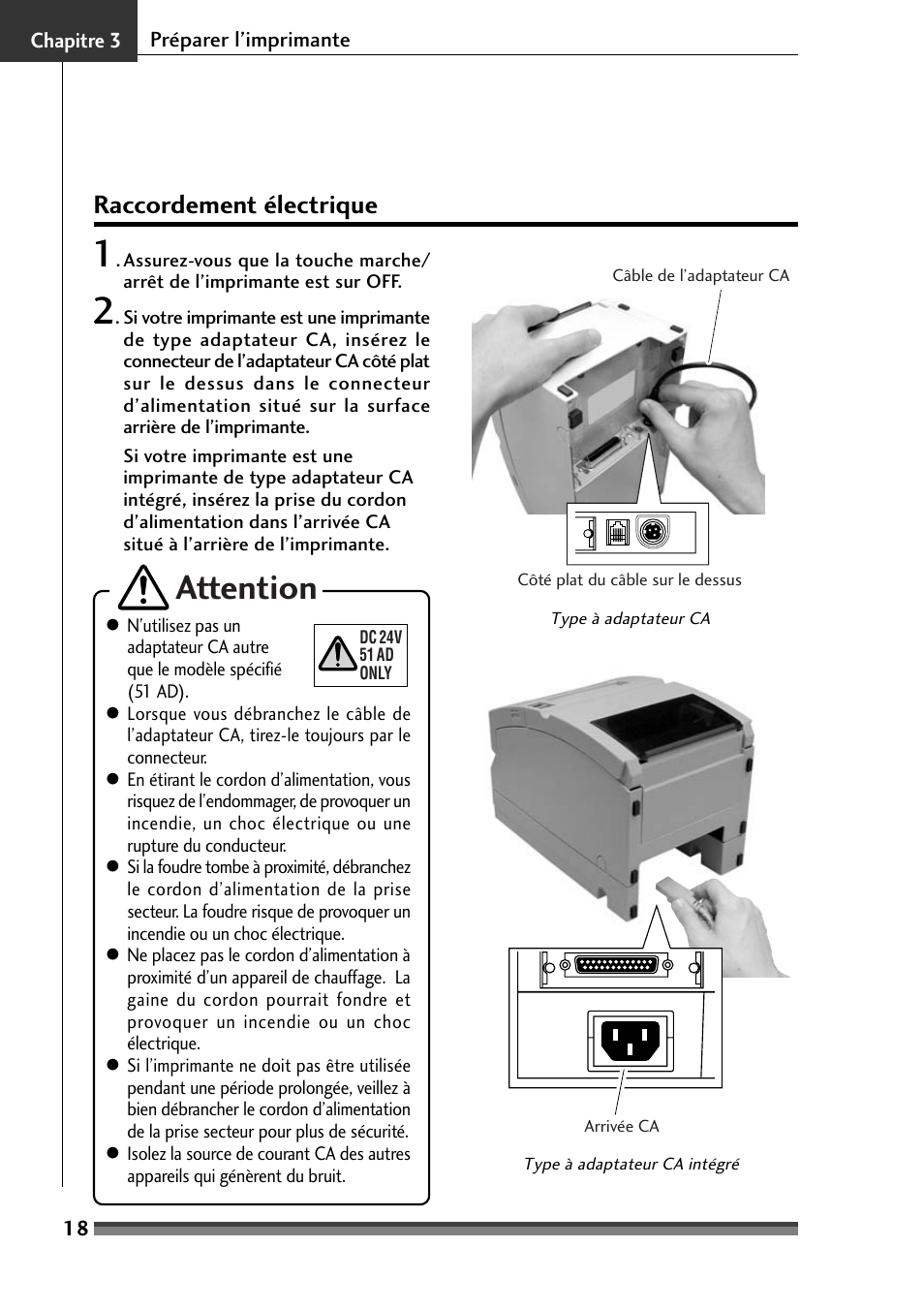 Raccordement électrique, Attention | Citizen Systems Citizen CD-S500 User Manual | Page 70 / 220