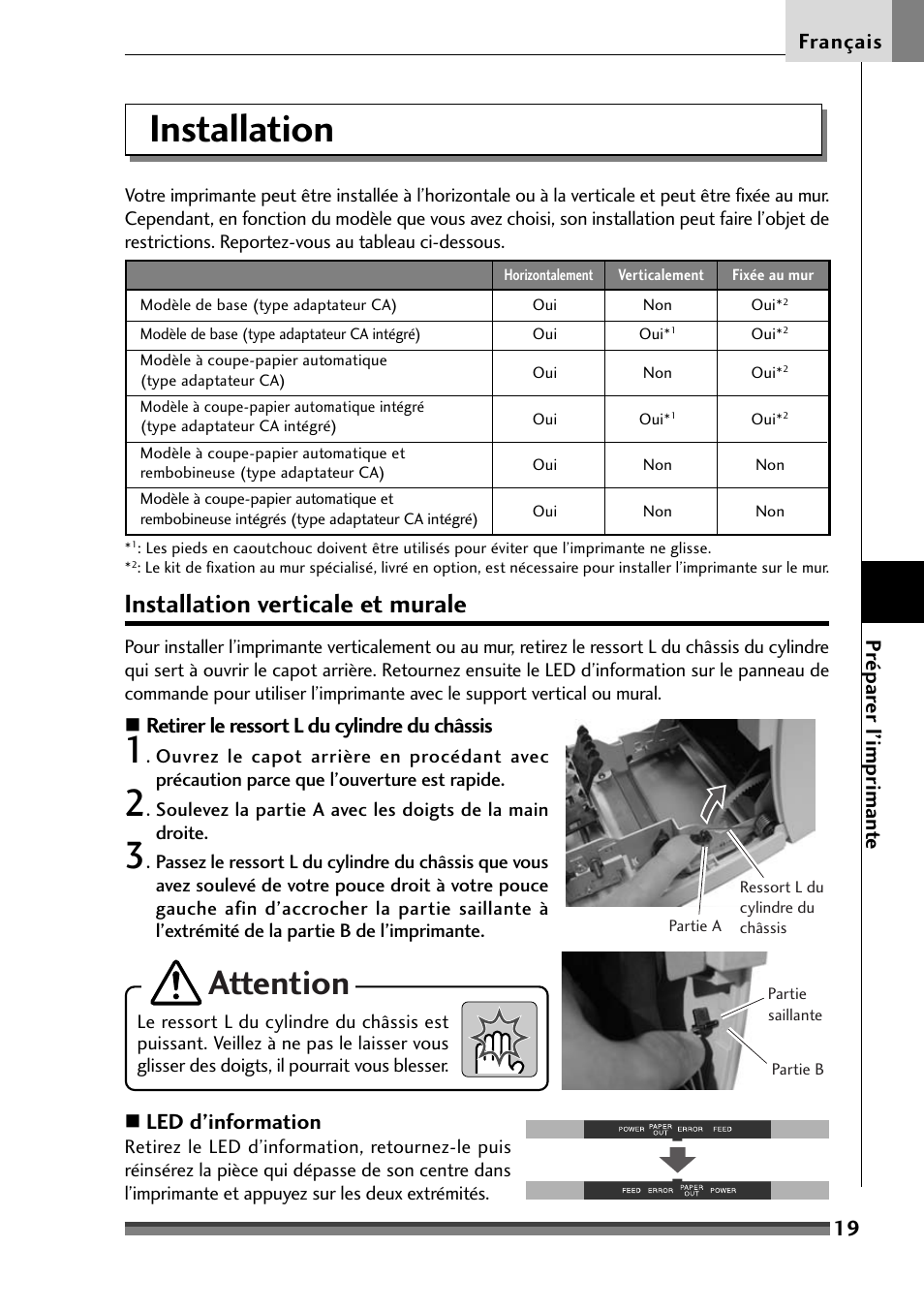 Installation, Installation verticale et murale, Attention | Citizen Systems Citizen CD-S500 User Manual | Page 71 / 220