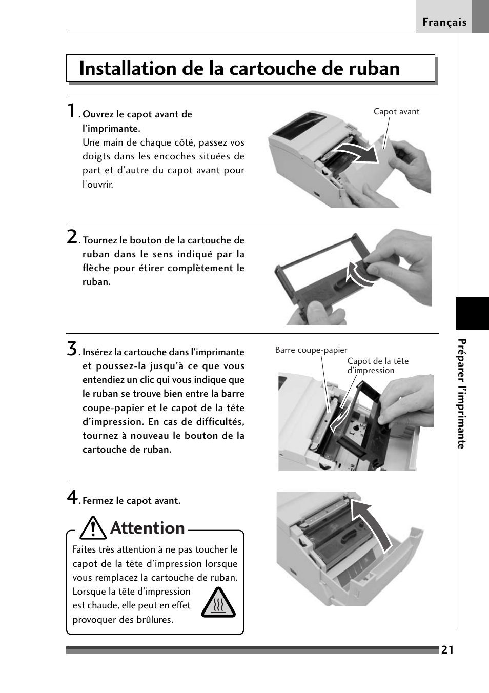 Installation de la cartouche de ruban, Installation de la cartouche de ruban 1, Attention | Citizen Systems Citizen CD-S500 User Manual | Page 73 / 220