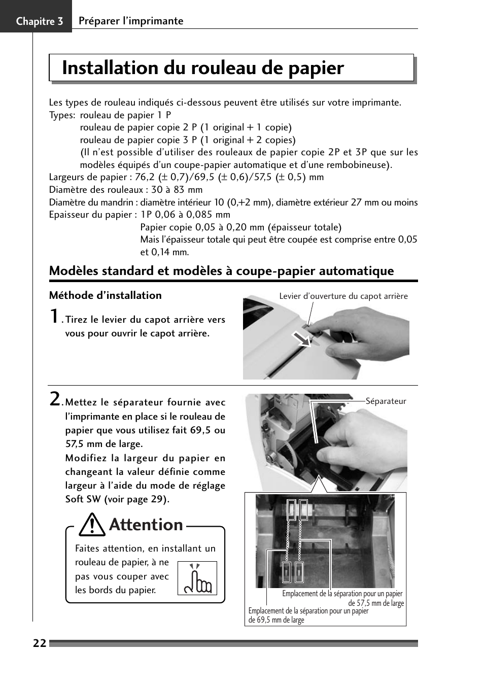 Installation du rouleau de papier, Attention | Citizen Systems Citizen CD-S500 User Manual | Page 74 / 220