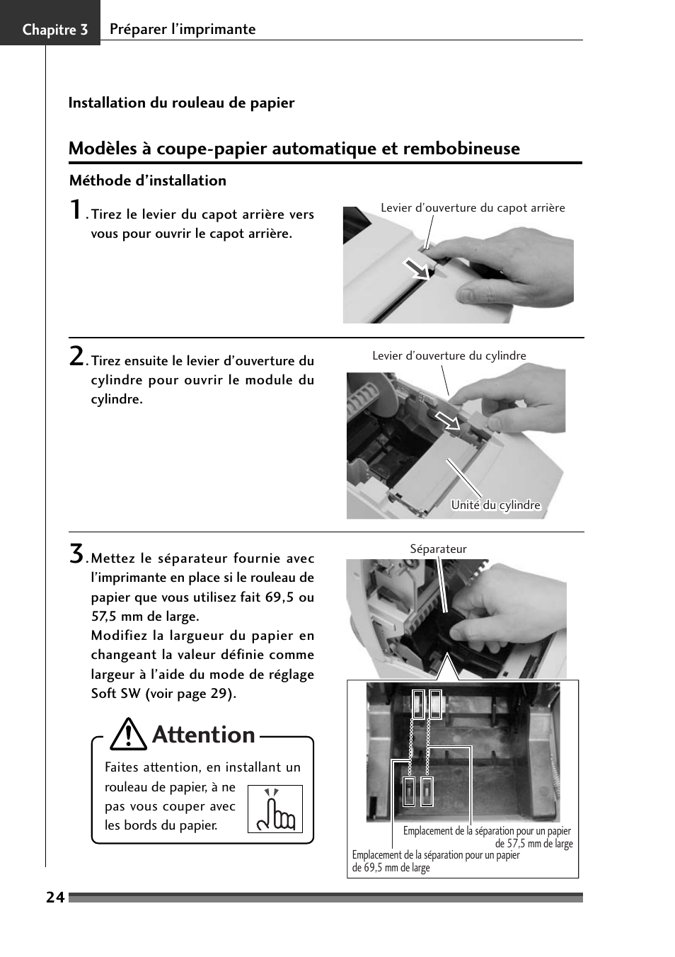 Modèles à coupe-papier automatique et rembobineuse, Attention | Citizen Systems Citizen CD-S500 User Manual | Page 76 / 220