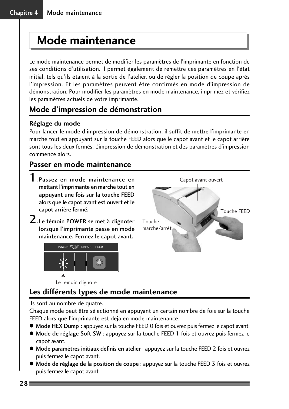 Chapitre 4, Mode maintenance, Mode d ’impr ssion de démonstration | Passer en mode maintenance, Les différents types de mode maintenance | Citizen Systems Citizen CD-S500 User Manual | Page 80 / 220