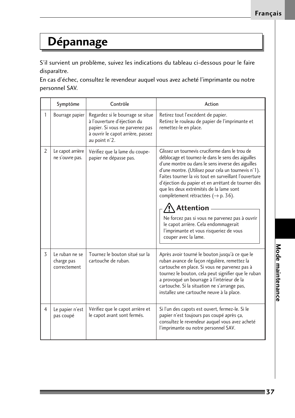 Dépannage, Attention | Citizen Systems Citizen CD-S500 User Manual | Page 89 / 220