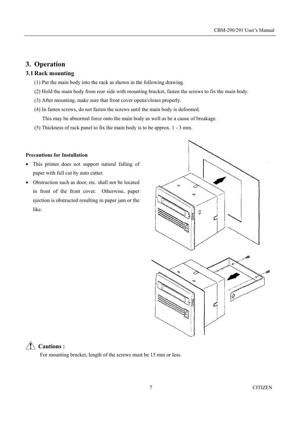 Operation, 1 rack mounting | Citizen Systems 291 User Manual | Page 21 / 60