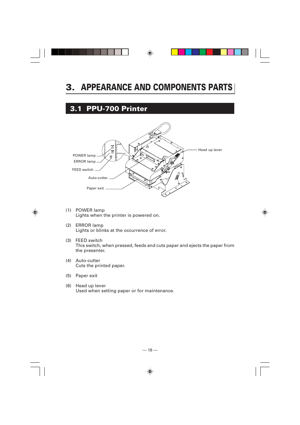 Appearance and components parts, 1 ppu-700 printer | Citizen Systems Citizen PPU PPU-700 User Manual | Page 21 / 40