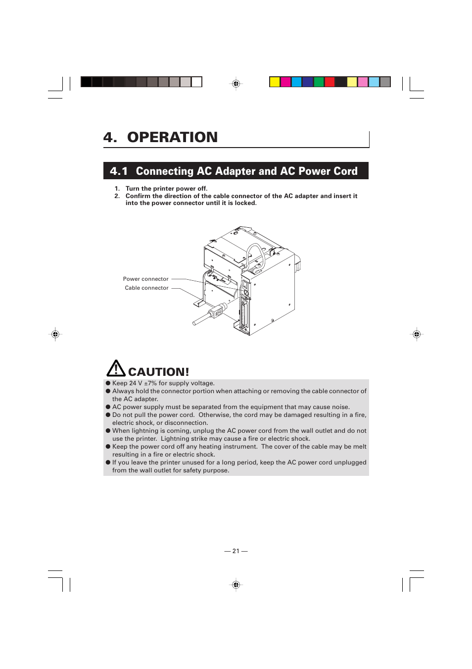 Operation, 1 connecting ac adapter and ac power cord, Caution | Citizen Systems Citizen PPU PPU-700 User Manual | Page 24 / 40