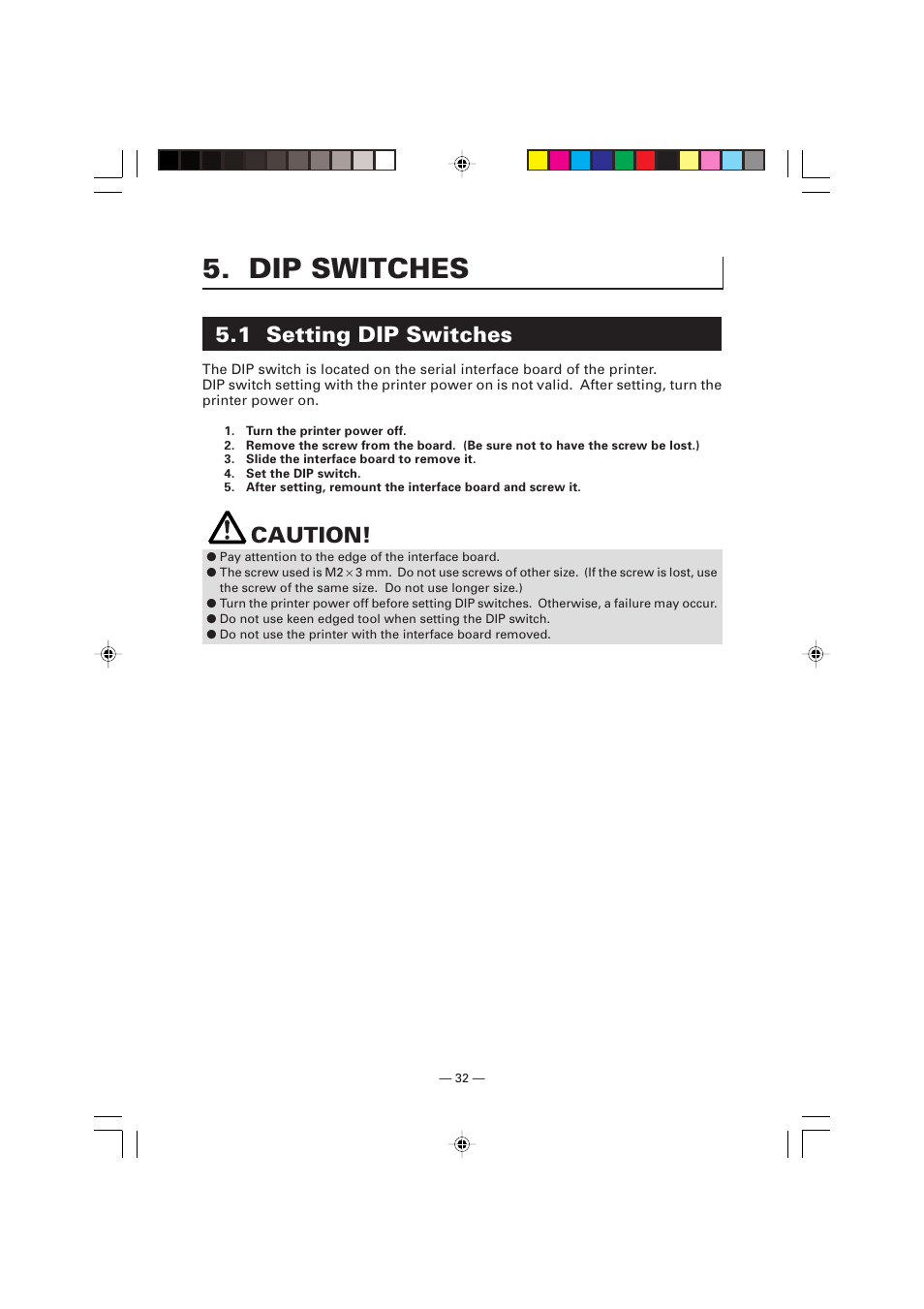 Dip switches, 1 setting dip switches, Caution | Citizen Systems Citizen PPU PPU-700 User Manual | Page 35 / 40