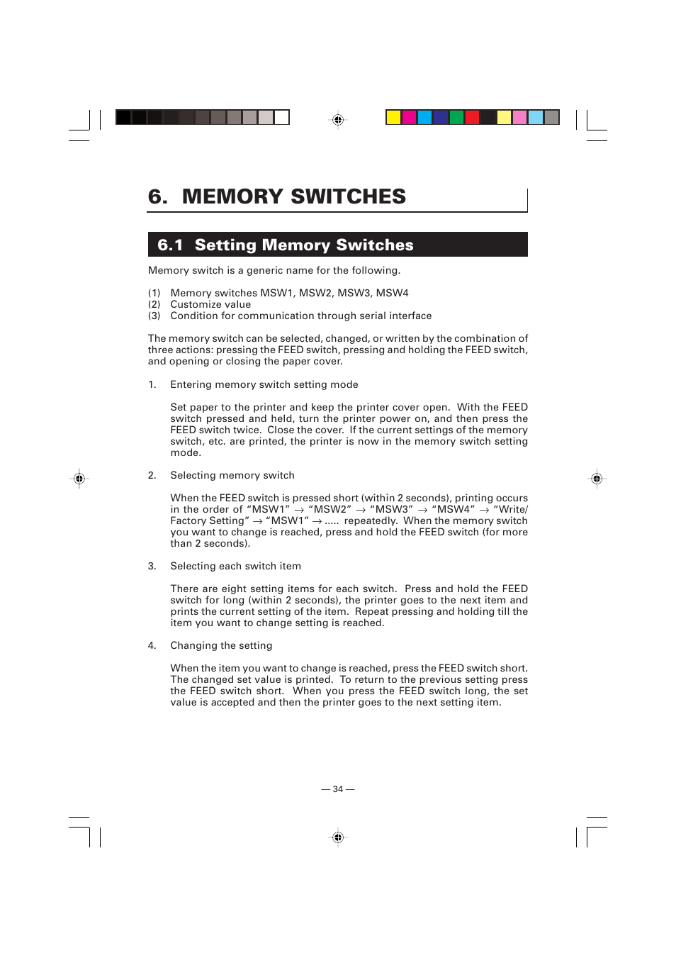 Memory switches, 1 setting memory switches | Citizen Systems Citizen PPU PPU-700 User Manual | Page 37 / 40