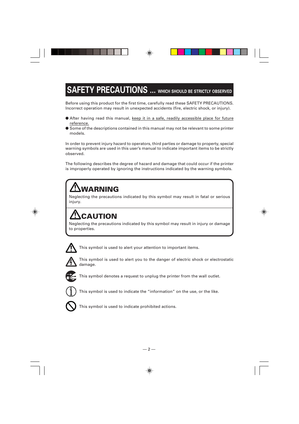 Safety precautions, Warning, Caution | Citizen Systems Citizen PPU PPU-700 User Manual | Page 5 / 40