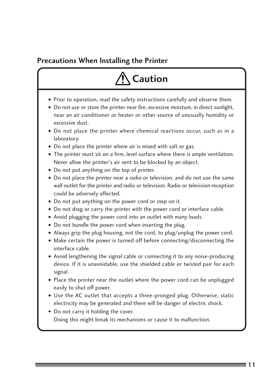 Caution, Precautions when installing the printer | Citizen Systems CD-S500A User Manual | Page 11 / 52